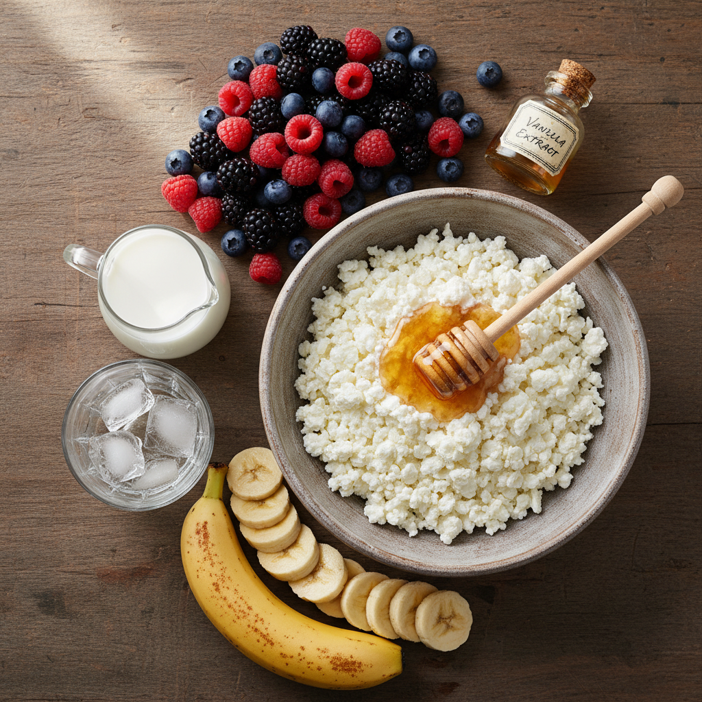 Ingredients for Cottage Cheese Berry Smoothie arranged on a surface