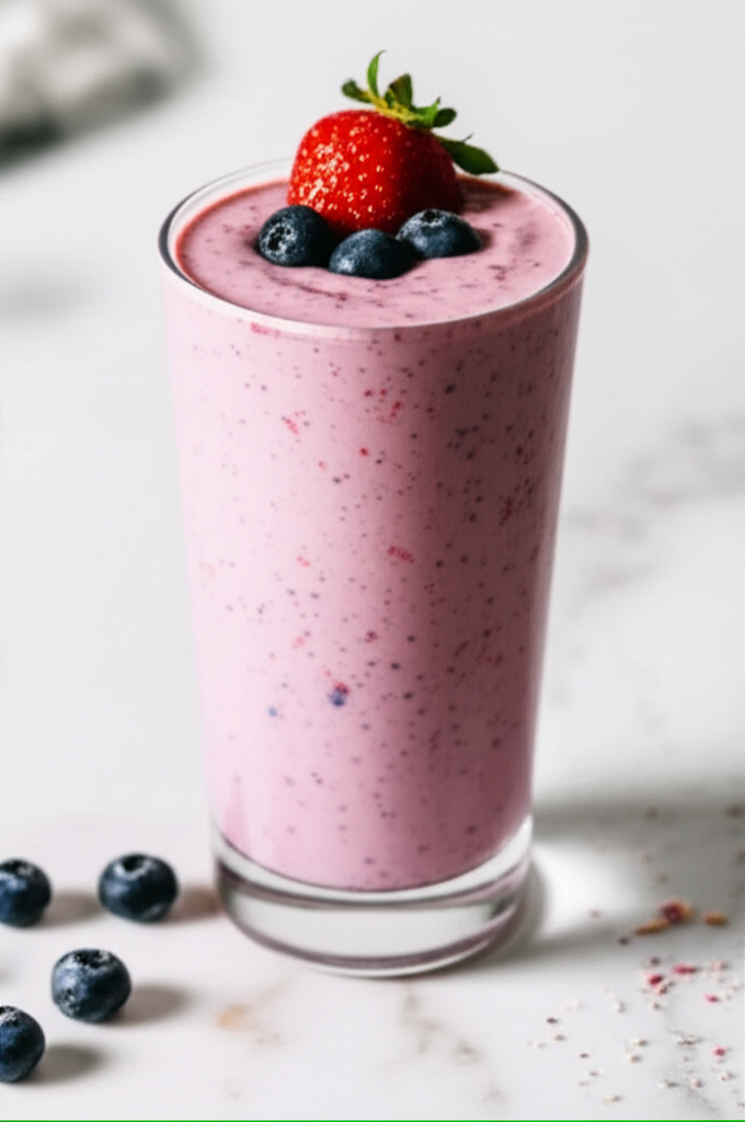 Cottage Cheese Berry Smoothie ingredients in bowls and glasses