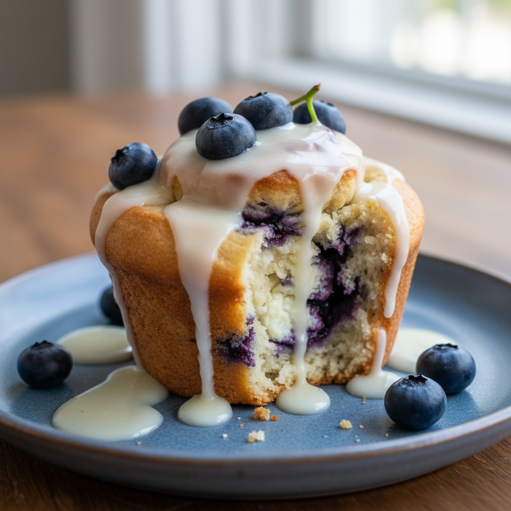 Glazed blueberry cottage cheese muffins on display