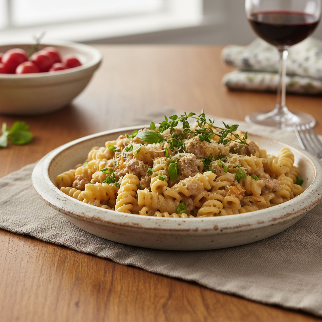 Delicious ground turkey pasta served with melted cheese on top
