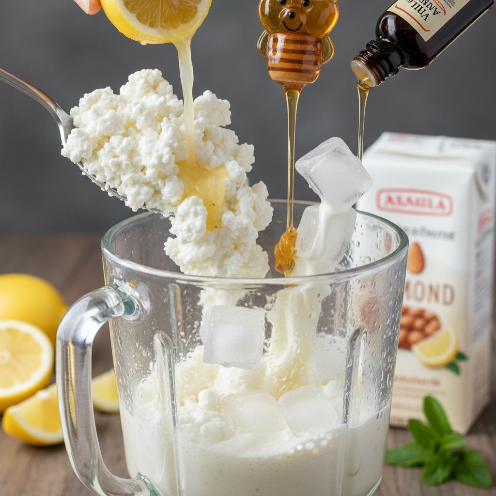 Adding ice cubes and almond milk to blender