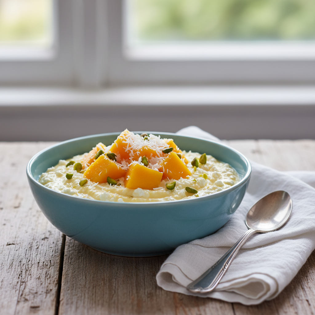 Cottage Cheese Mango Pudding topped with mango cubes, coconut flakes, and pistachios