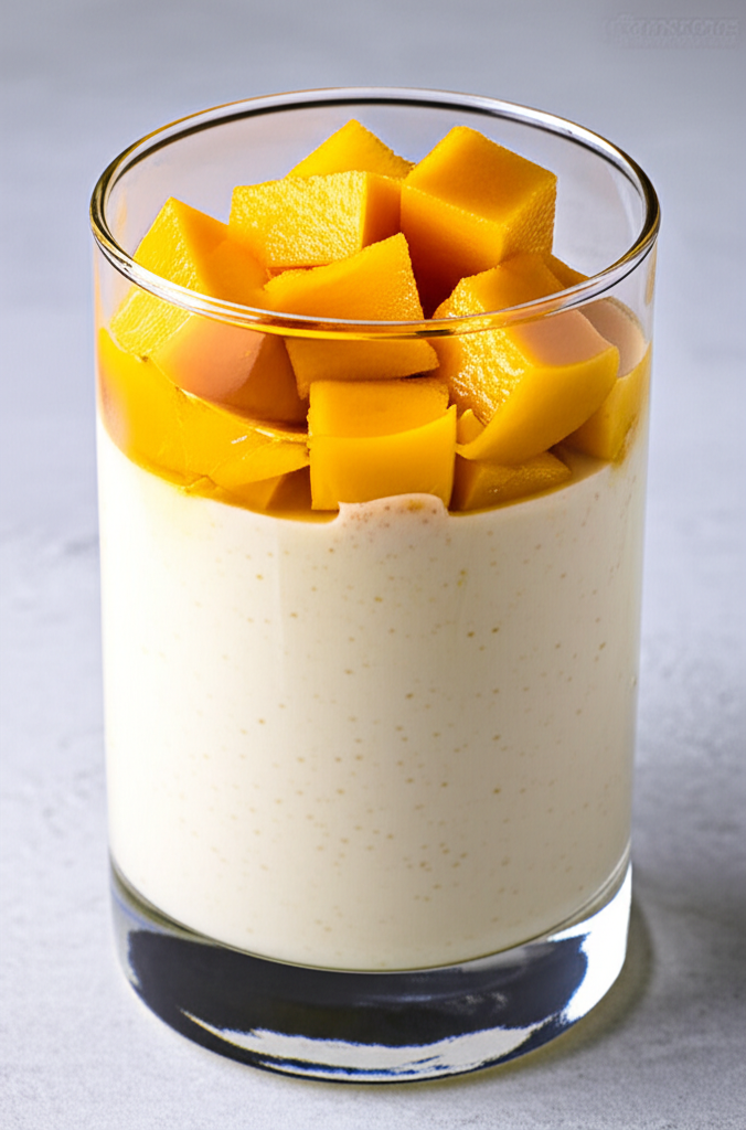 Creamy Cottage Cheese Mango Pudding served in glass jars