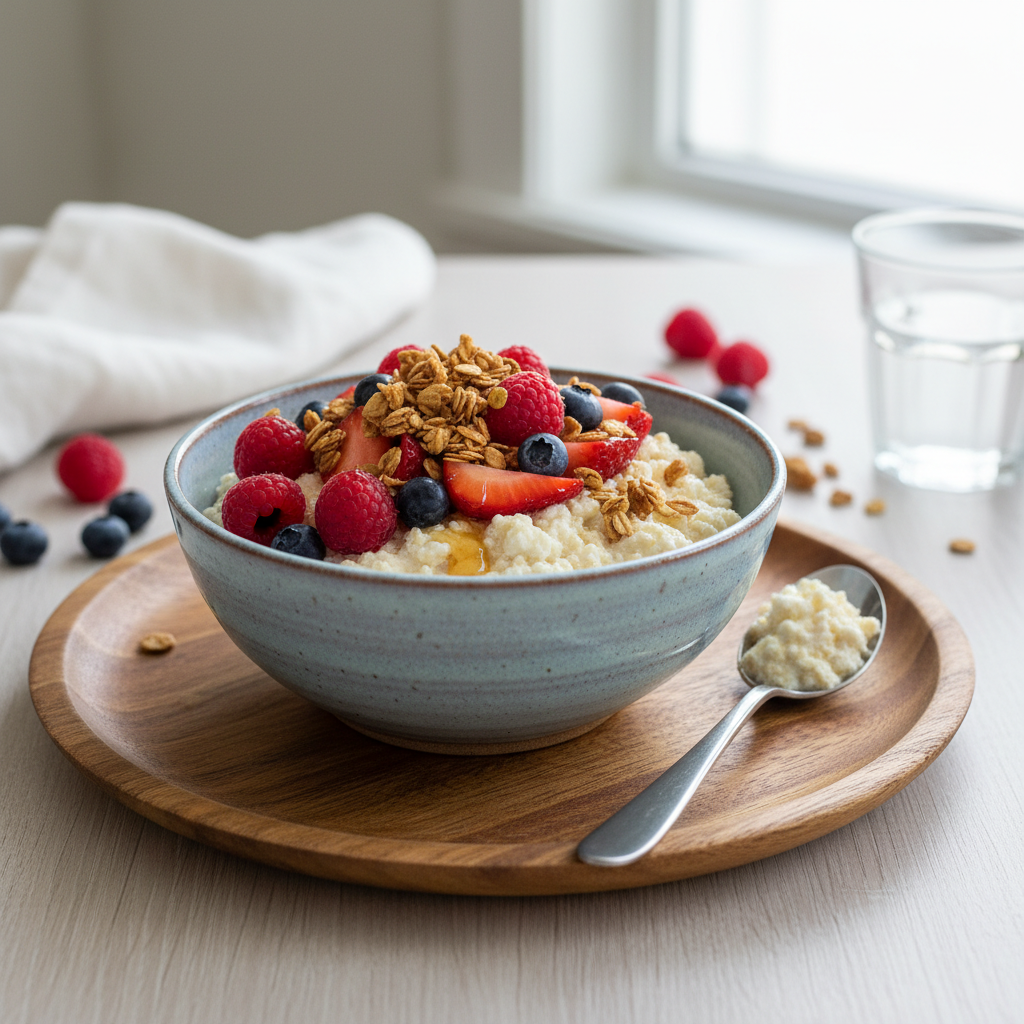 Finished Cottage Cheese Overnight Oats served with berries and granola