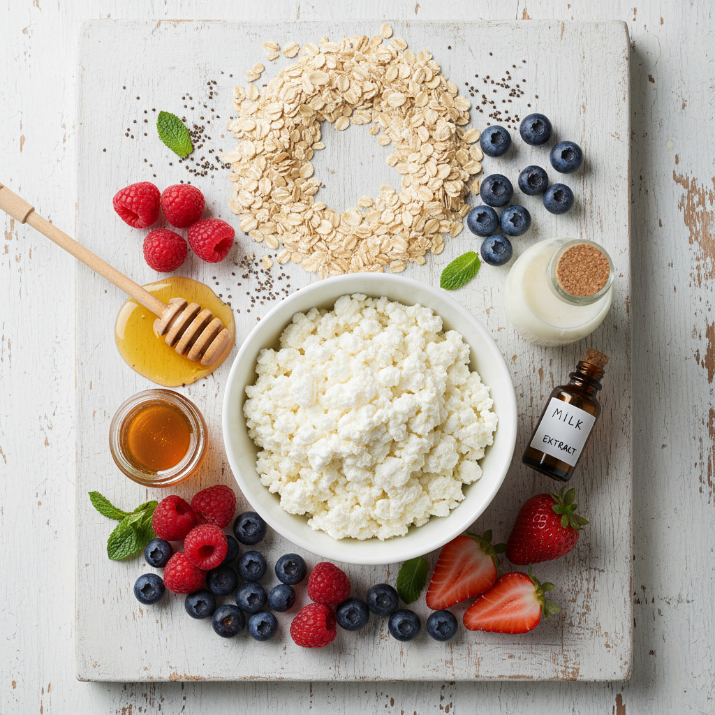 Ingredients for Cottage Cheese Overnight Oats including oats, cottage cheese, honey, and milk