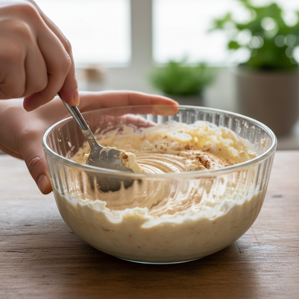 Mixing PB2 and cottage cheese in bowl