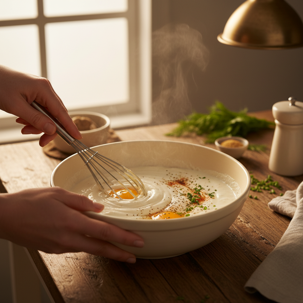 Blended mixture ready to pour into cake pan