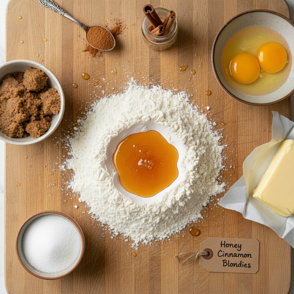 Ingredients and equipment for cinnamon sugar blondies