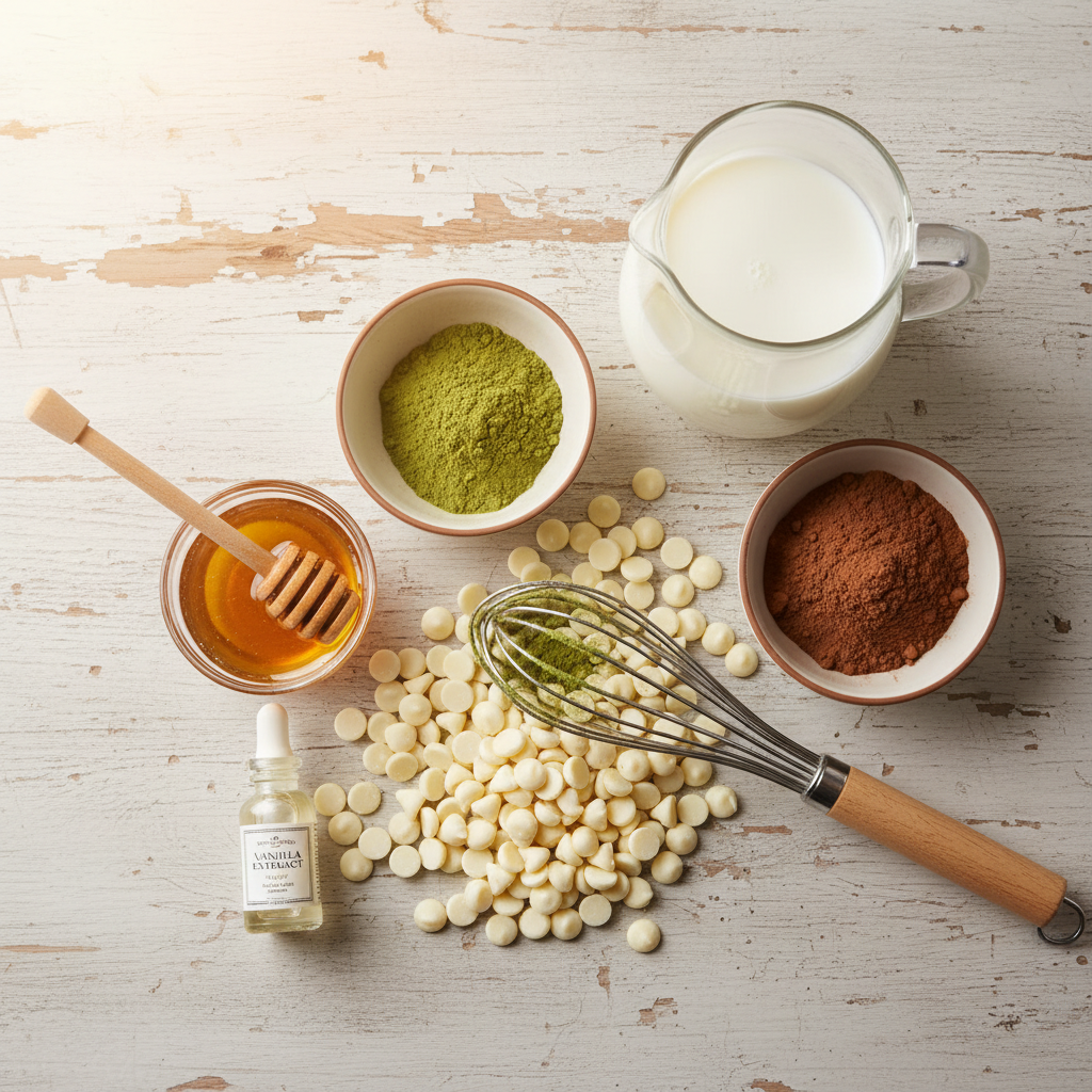 Ingredients and tools for Matcha Hot Chocolate