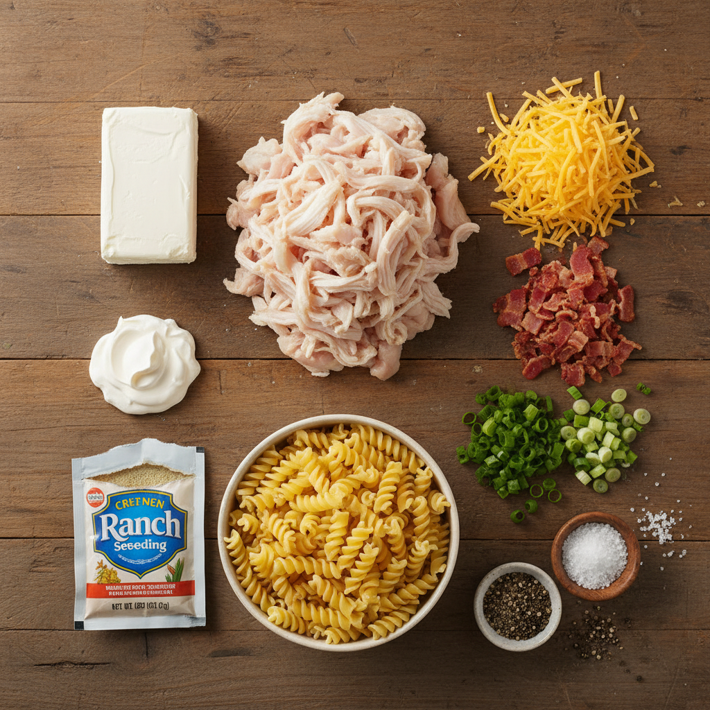 Ingredients for Crack Chicken Casserole laid out on kitchen counter