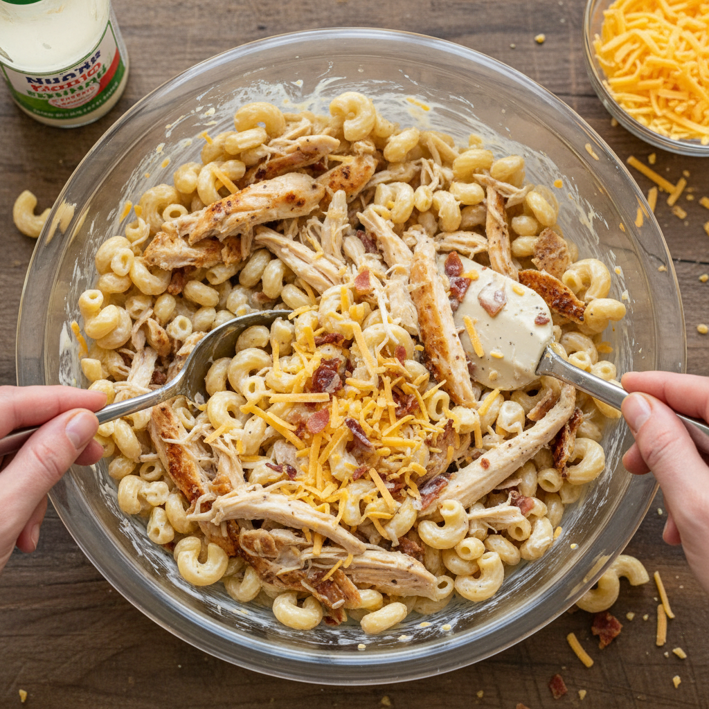 Mixing the Crack Chicken Casserole ingredients in a bowl