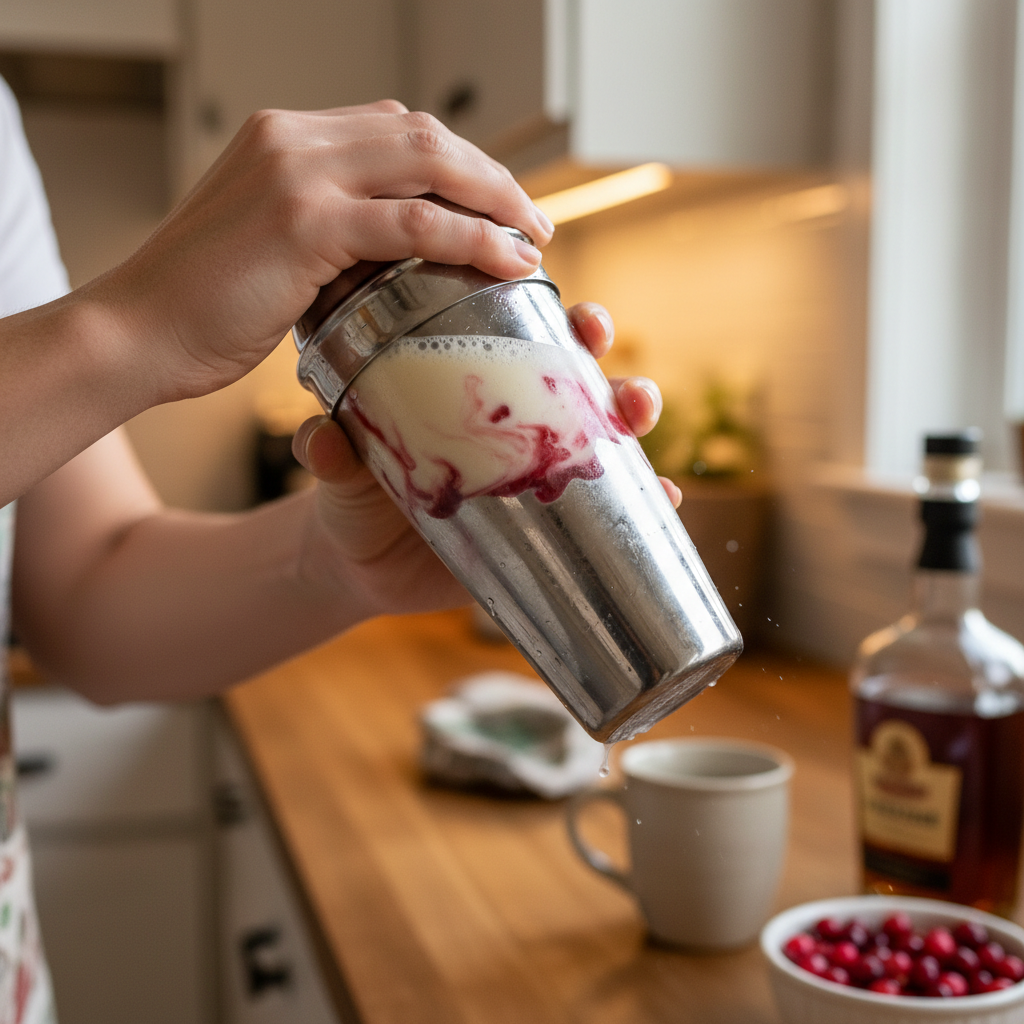 Shaking Cranberry Eggnog Sour cocktail with ice