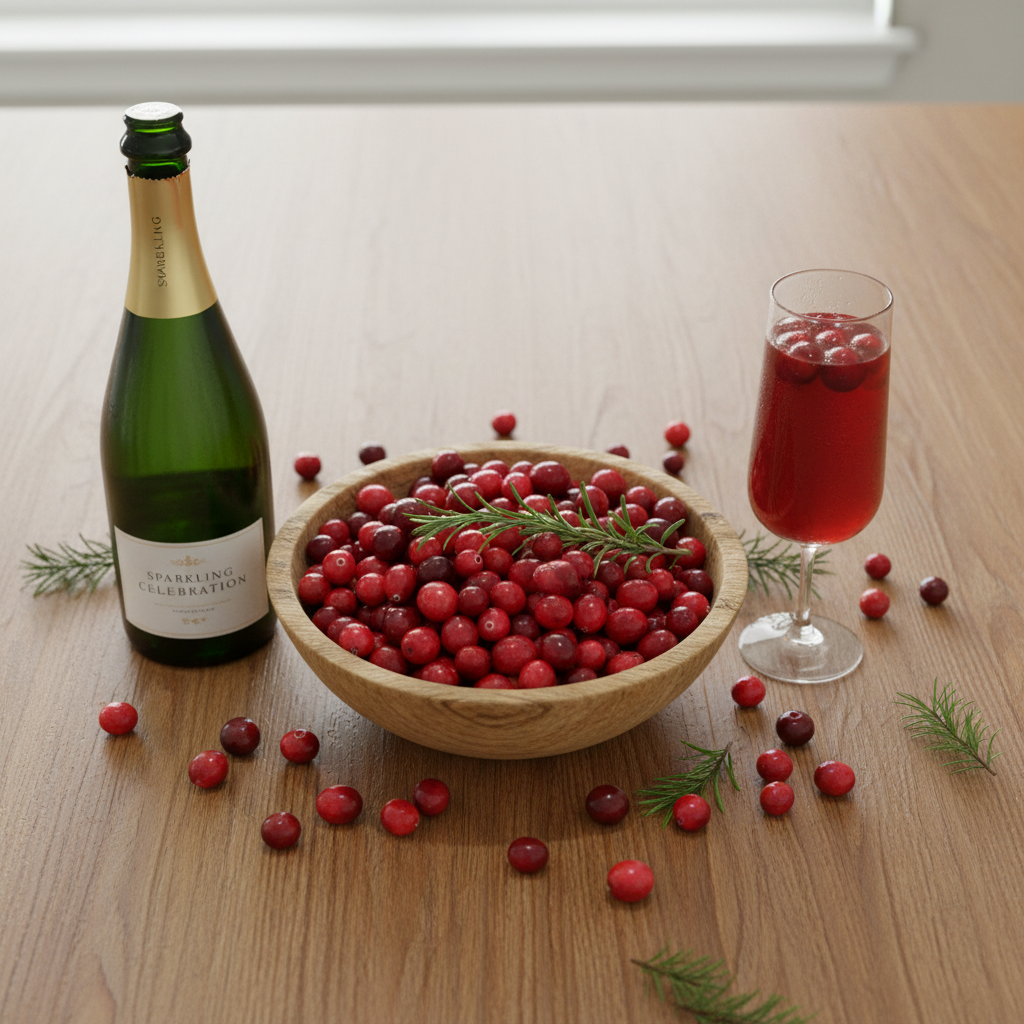 Ingredients for Cranberry Mimosa: cranberry juice, champagne, cranberries, rosemary