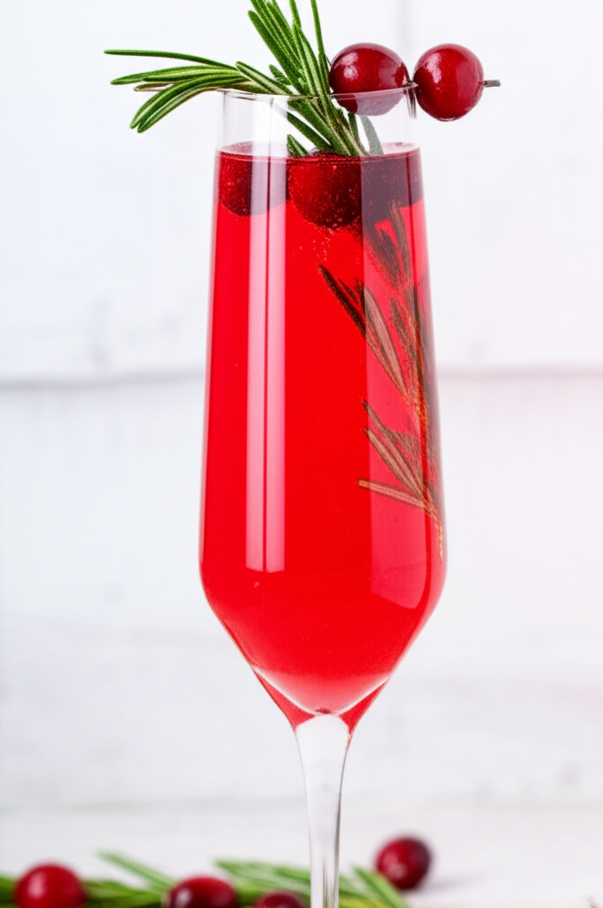 Cranberry Mimosa drink in a champagne flute