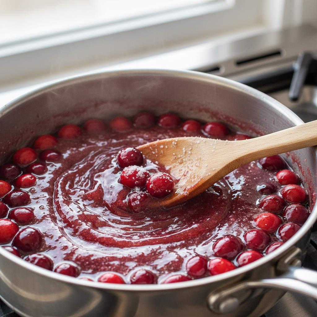 Making cranberry syrup in saucepan