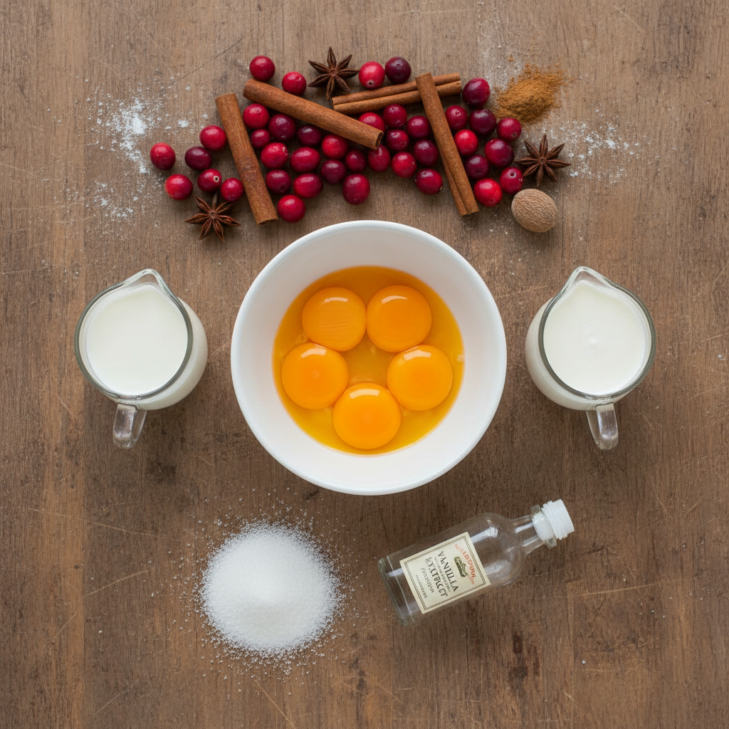 Ingredients for cranberry eggnog laid out