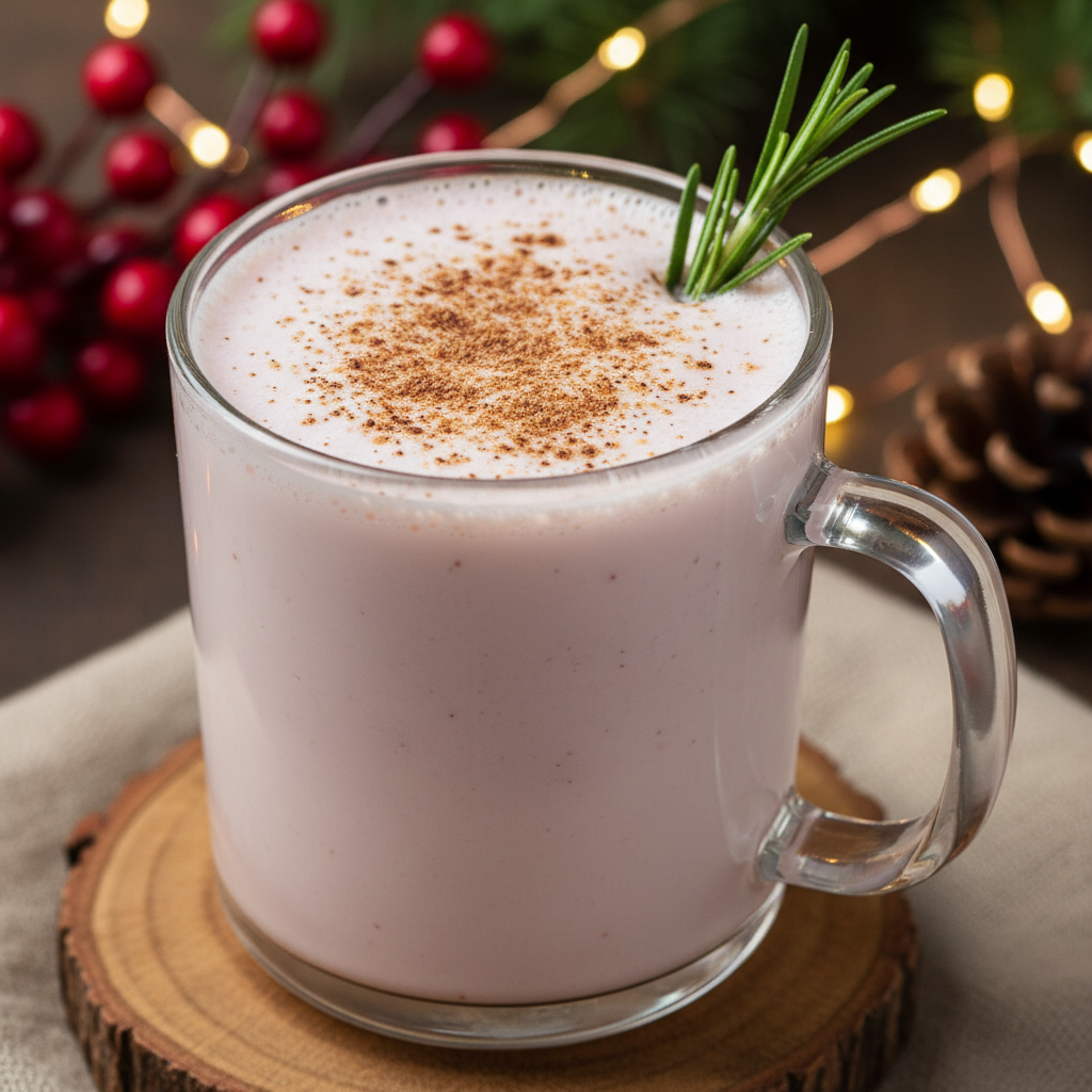 Glass mugs of cranberry eggnog garnished with rosemary and cranberries