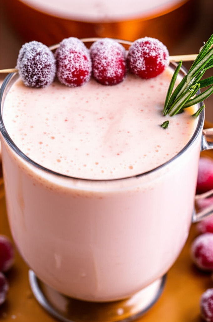 Festive cranberry eggnog in clear mugs