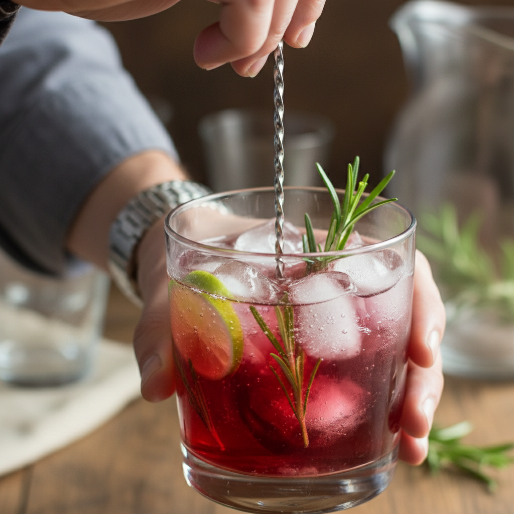 Making the Cranberry Rosemary Spritz in a glass with ice and cranberries
