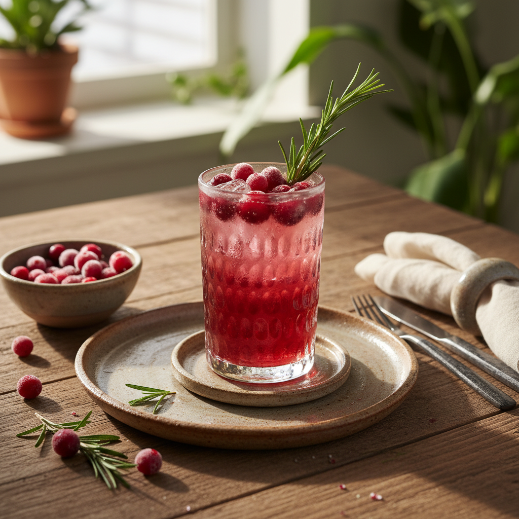 Finished refreshing and festive Cranberry Rosemary Spritz drink with garnish