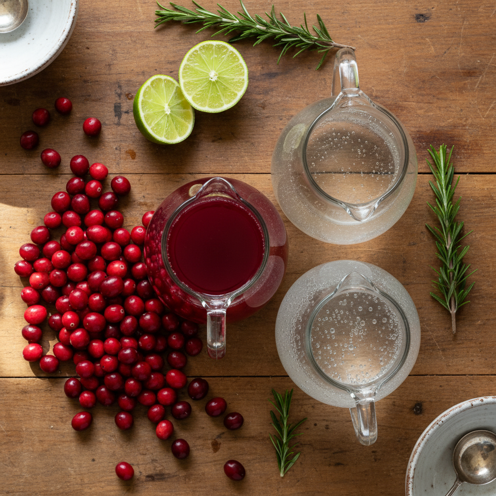 Equipment and ingredients for Cranberry Rosemary Spritz