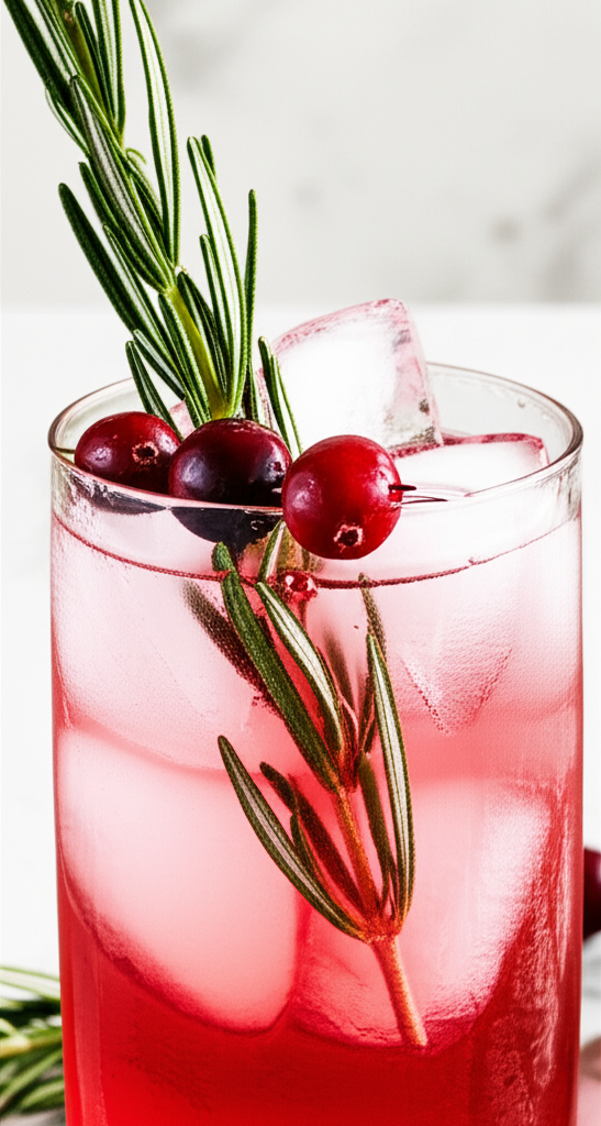 Cranberry Rosemary Spritz drink in a glass with rosemary garnish