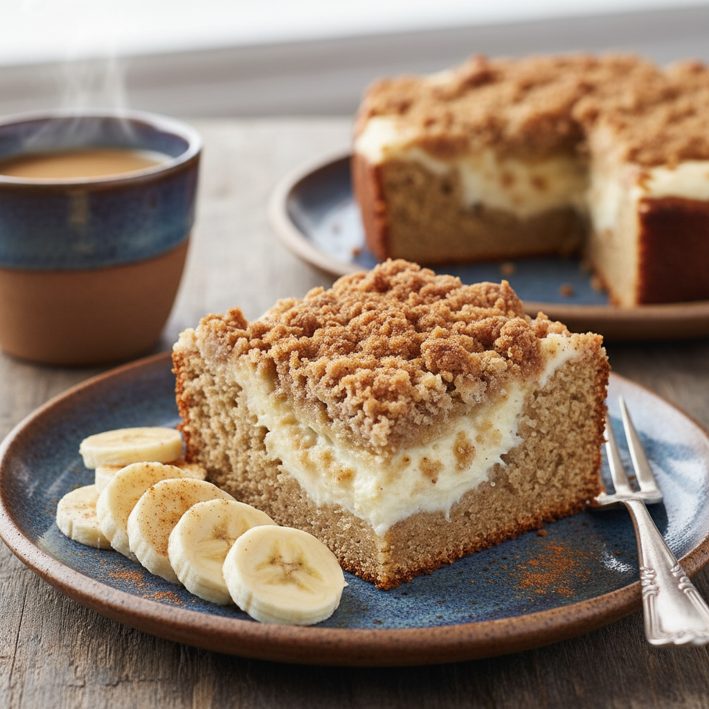 A close-up of a white mixing bowl with mashed bananas, melted butter, sugar, cracked eggs, and vanilla extract, all being mixed with a wooden spoon