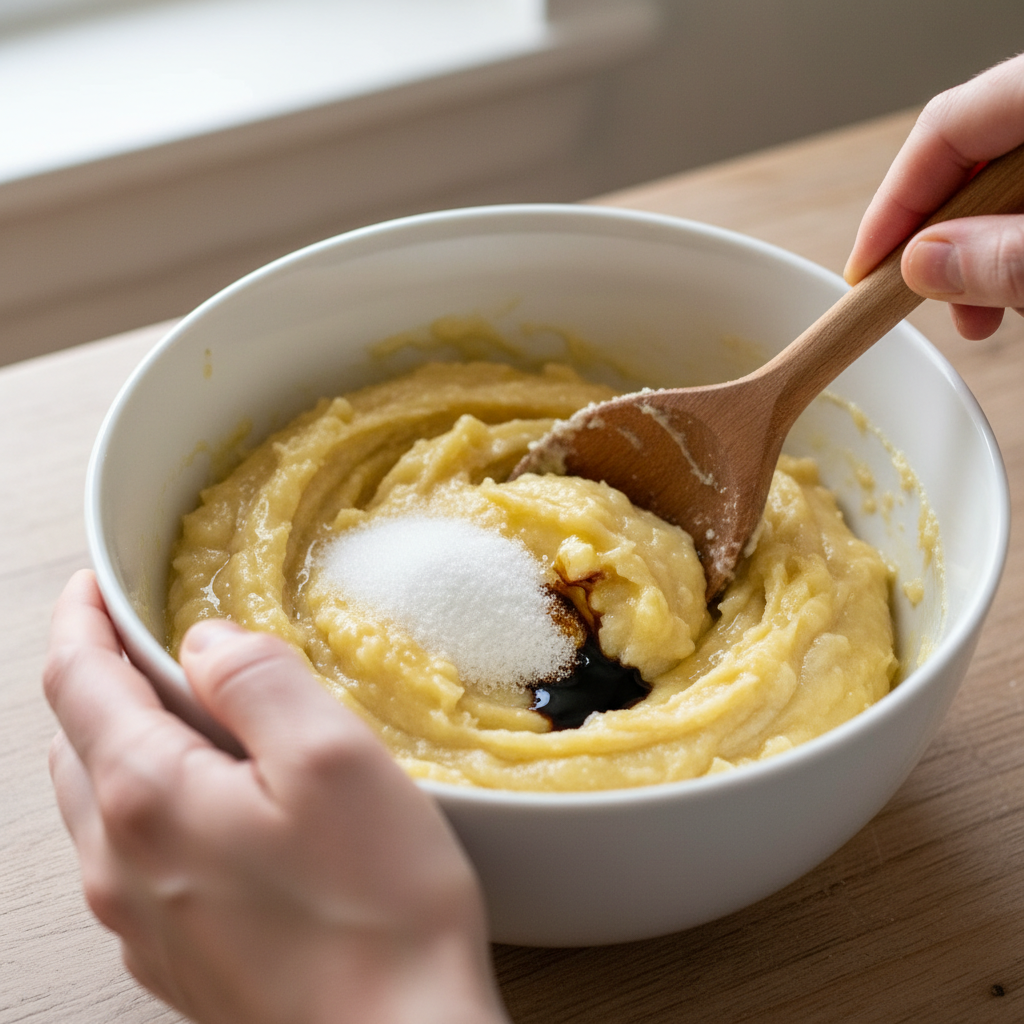 Mixing ingredients in a white bowl