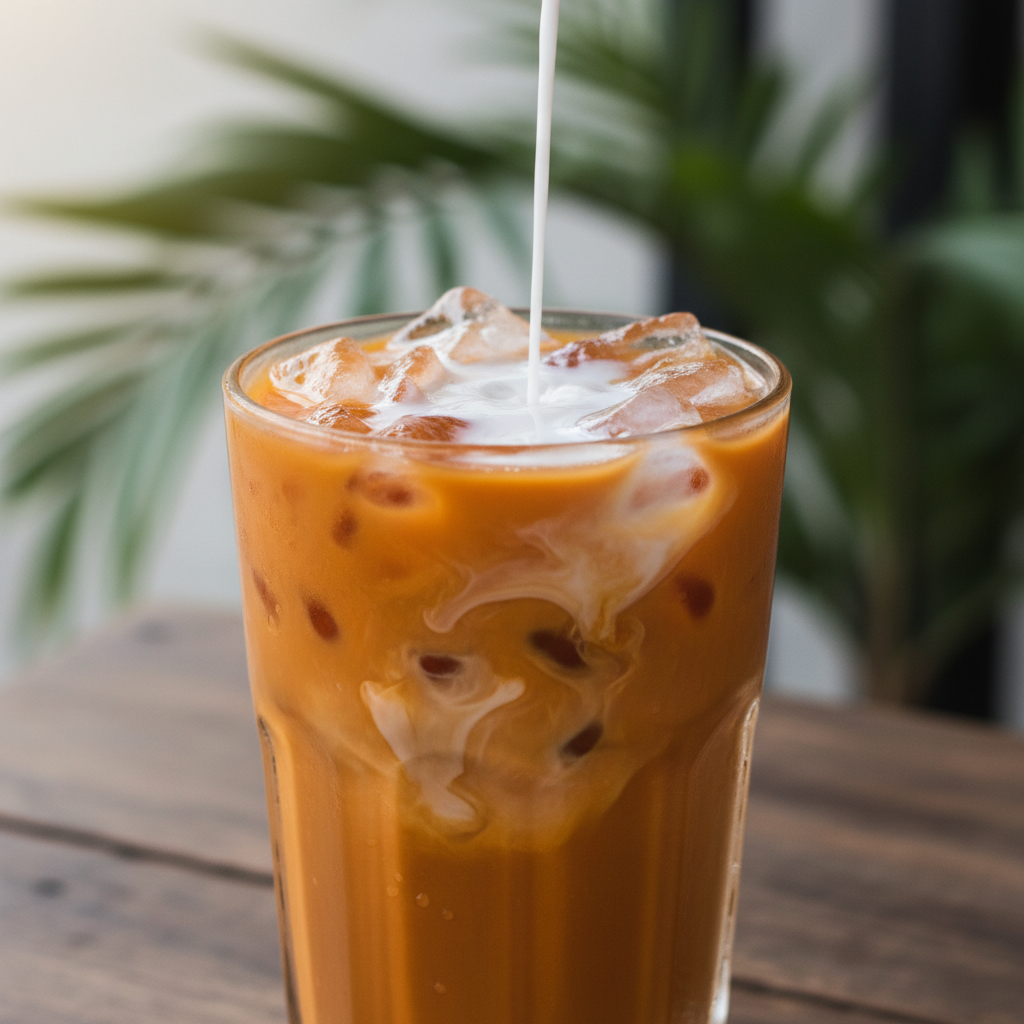 Pouring creamy coconut milk over Thai iced tea with ice