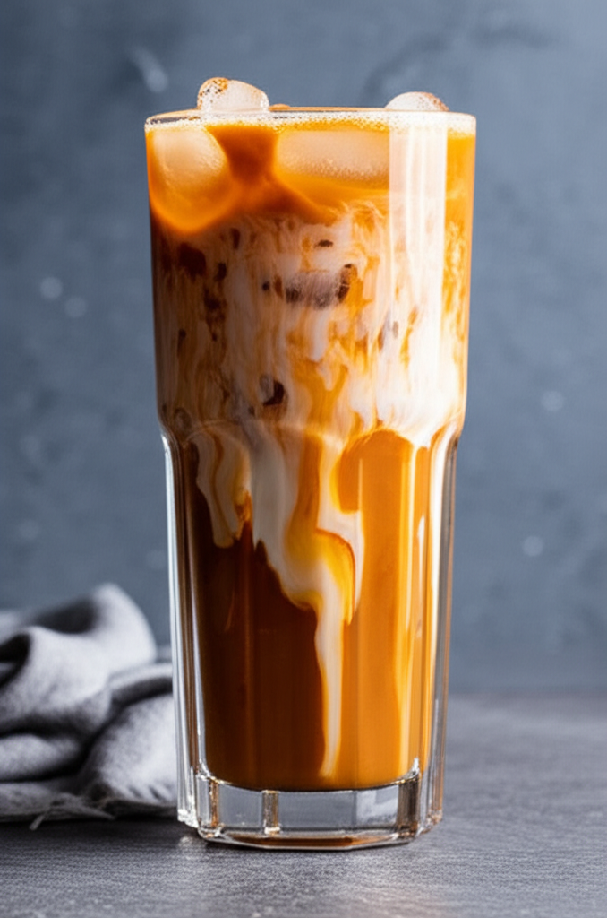 Refreshing glass of Thai iced tea with creamy coconut milk swirl