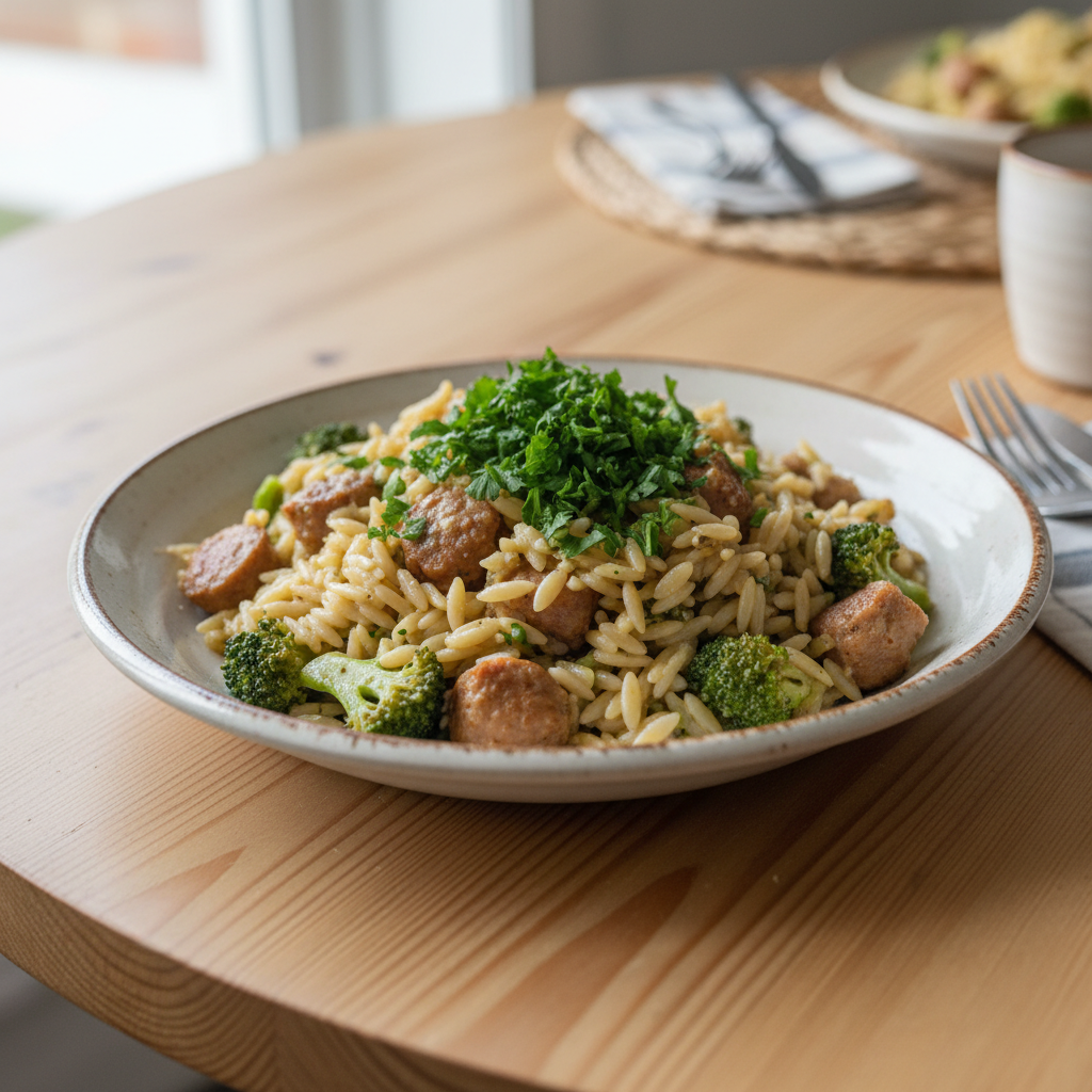 Serving suggestion for Chicken Sausage and Broccoli Orzo
