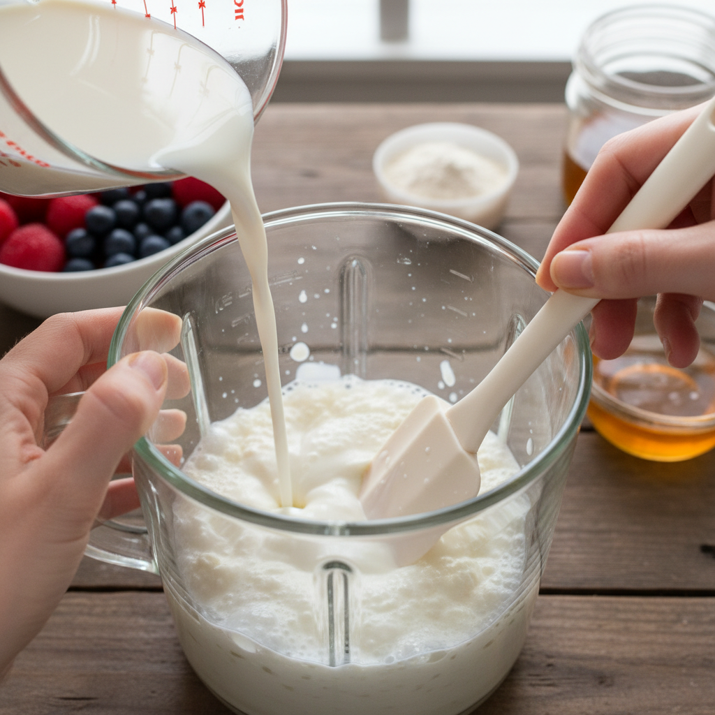 Blending milk and cottage cheese to smooth