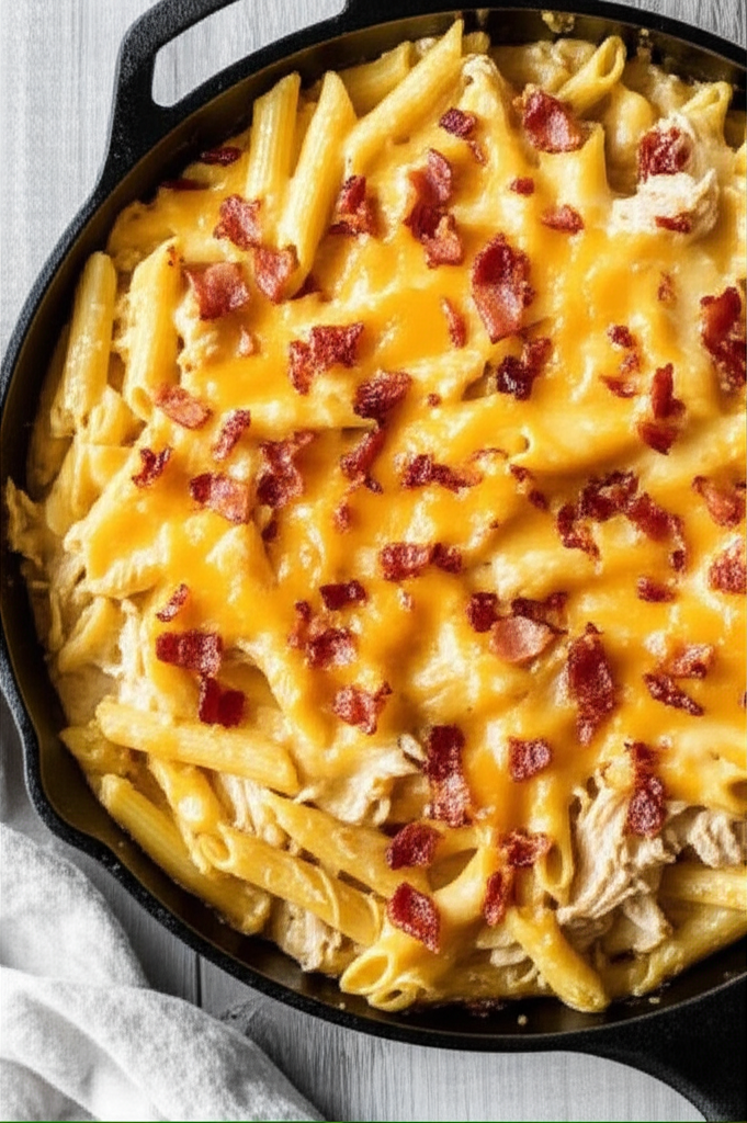 Delicious Crack Chicken Penne in skillet