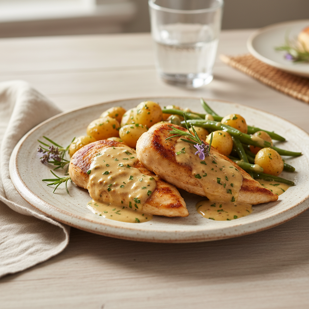 Creamy Dijon rosemary chicken served with sides