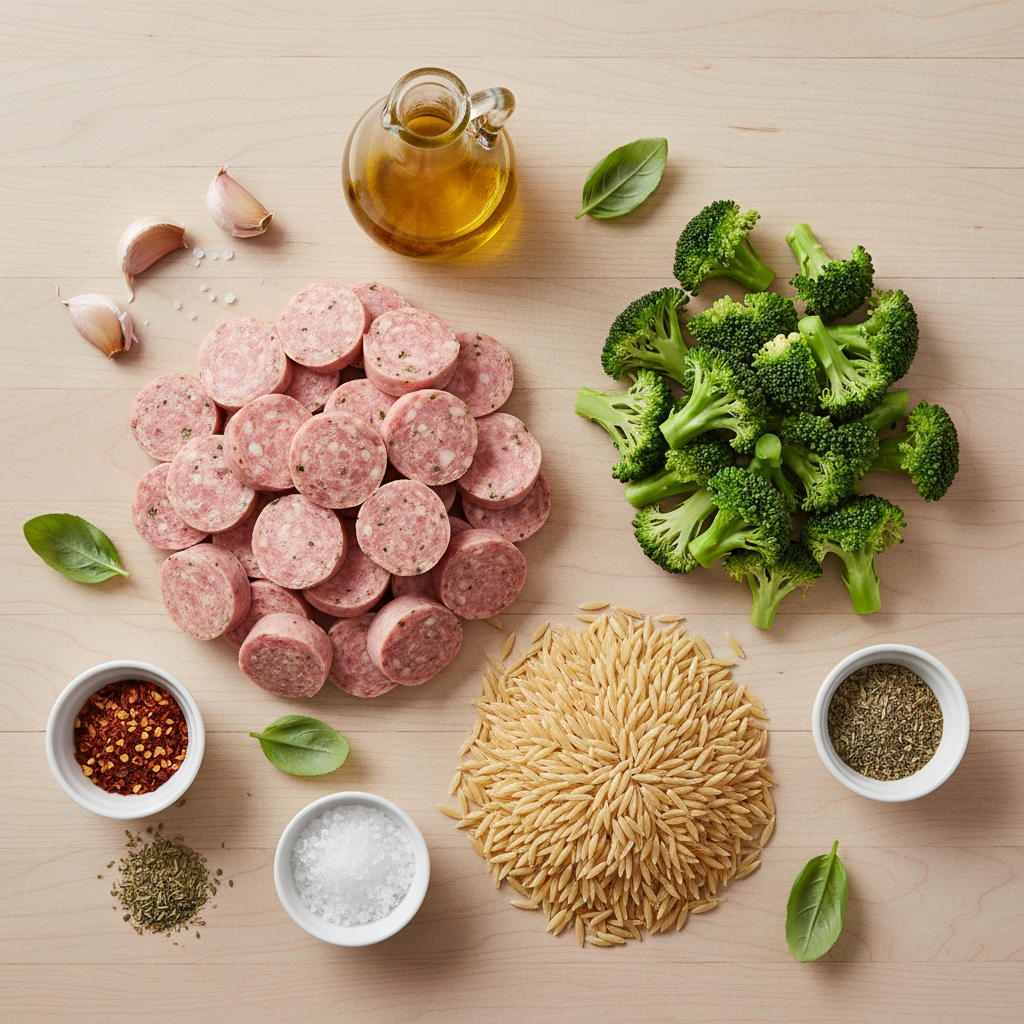 Ingredients for Chicken Sausage and Broccoli Orzo