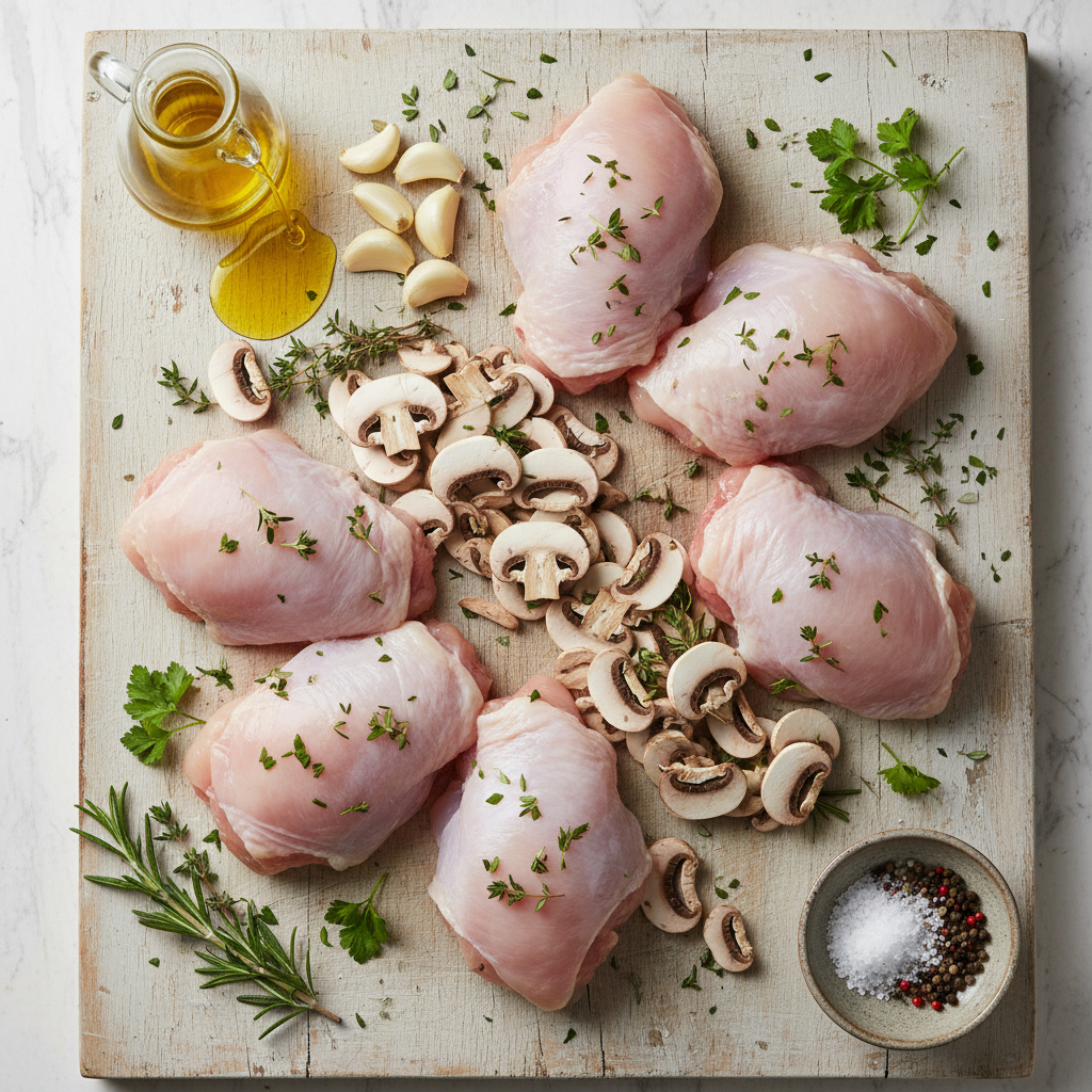 Ingredients for Creamy Garlic Mushroom Chicken Thighs laid out