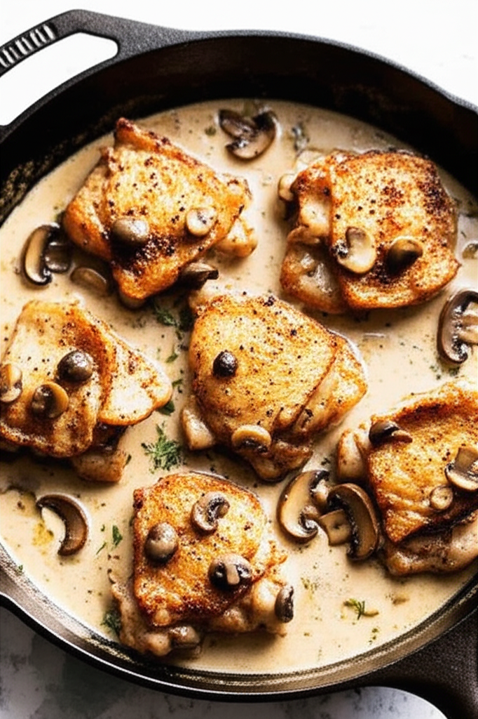 Creamy Garlic Mushroom Chicken Thighs served on a plate