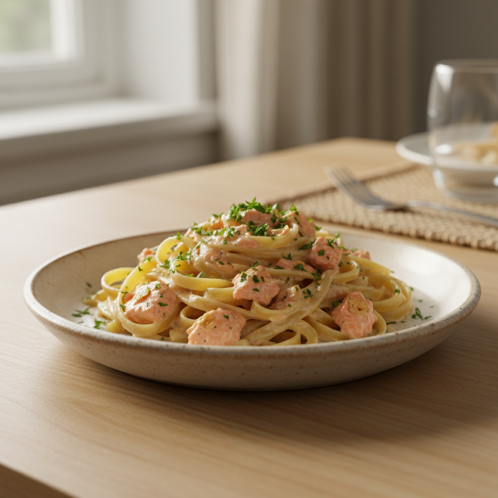 Creamy Garlic Salmon Pasta garnished and plated