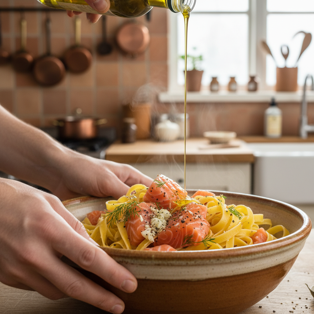 Salmon fillets being seasoned before cooking