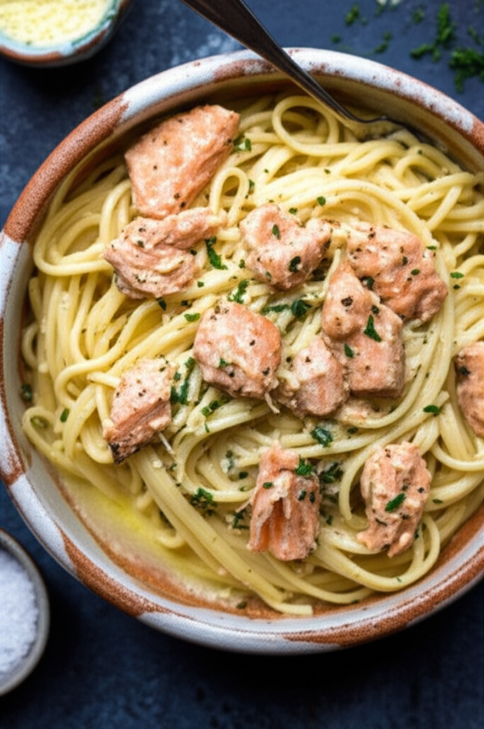 Creamy Garlic Salmon Pasta plated dish