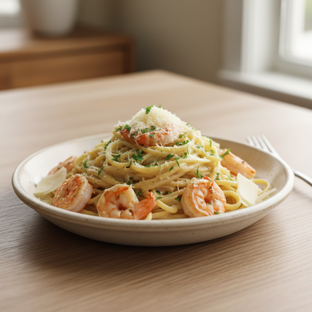 Creamy Garlic Shrimp Pasta garnished with parsley and Parmesan