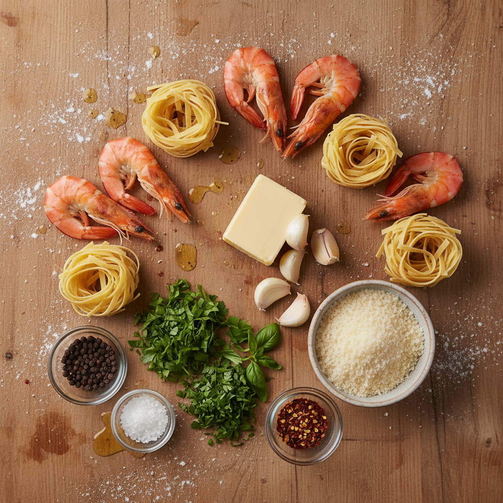 Ingredients for Creamy Garlic Shrimp Pasta