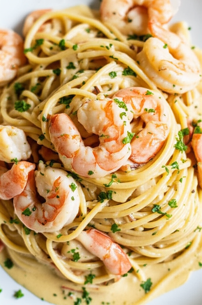 Creamy Garlic Shrimp Pasta dish on plate