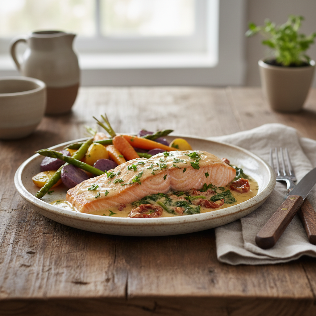 Creamy garlic Tuscan salmon served with sides