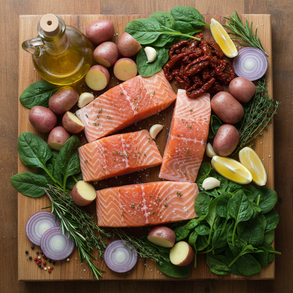 Ingredients for creamy garlic Tuscan salmon