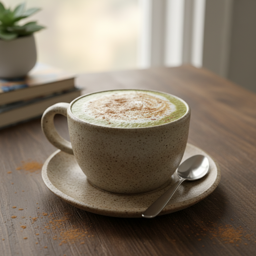 Finished creamy matcha chai latte in a mug