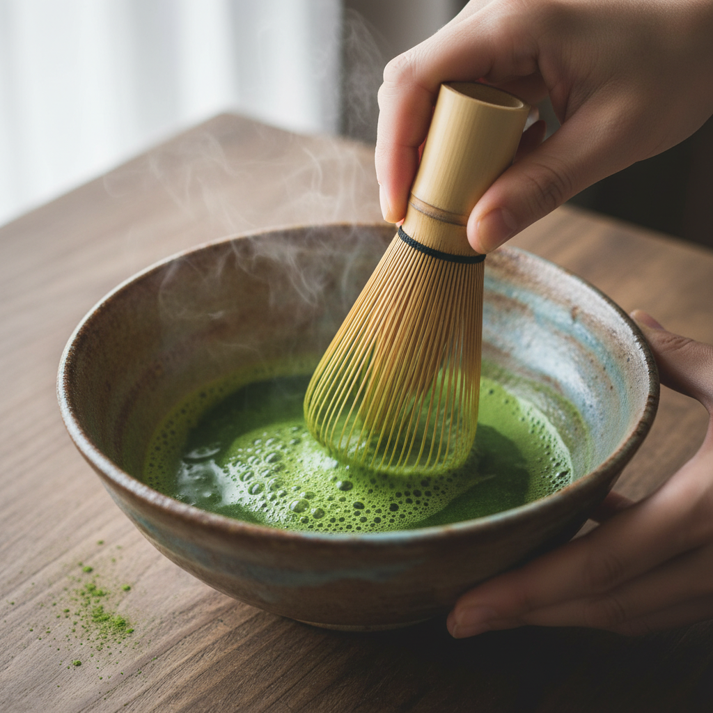 Whisking matcha powder with hot water