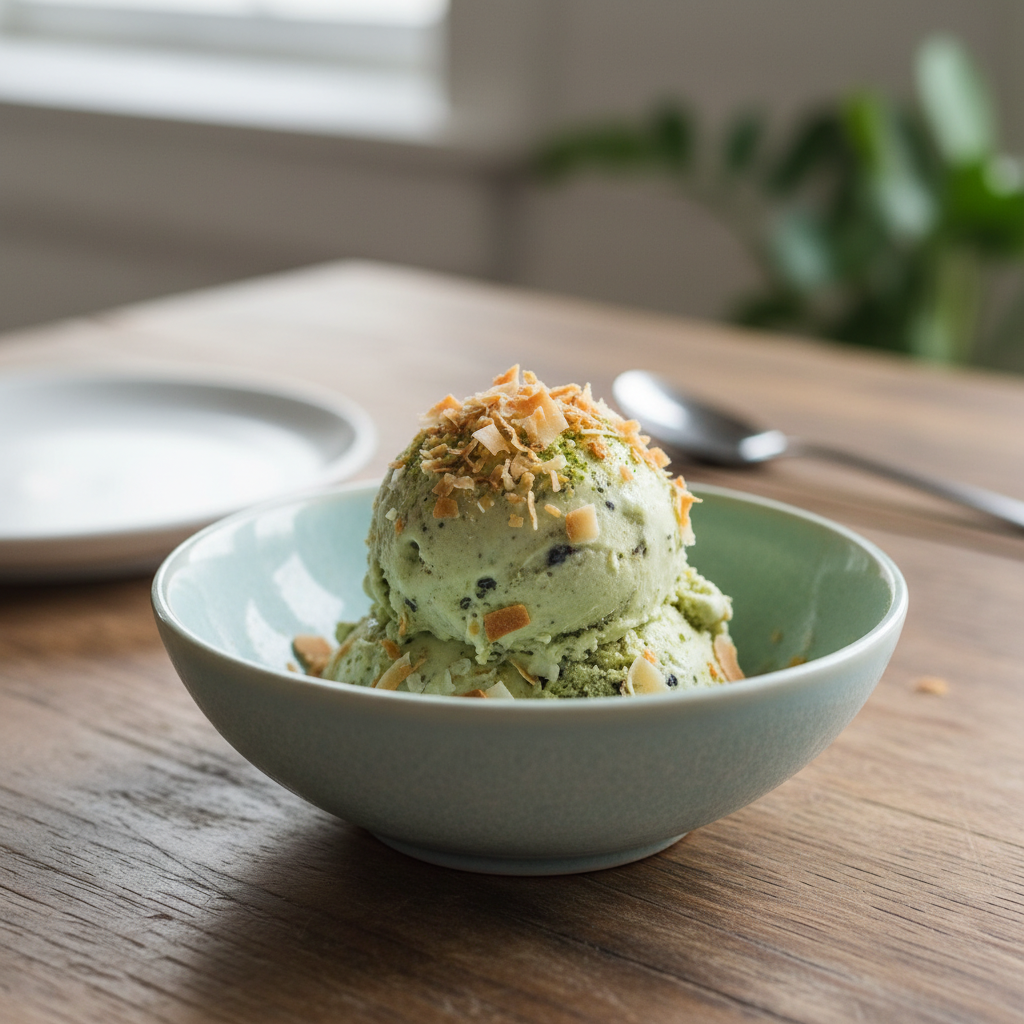 Prepared Matcha Coconut Ice Cream served in bowls