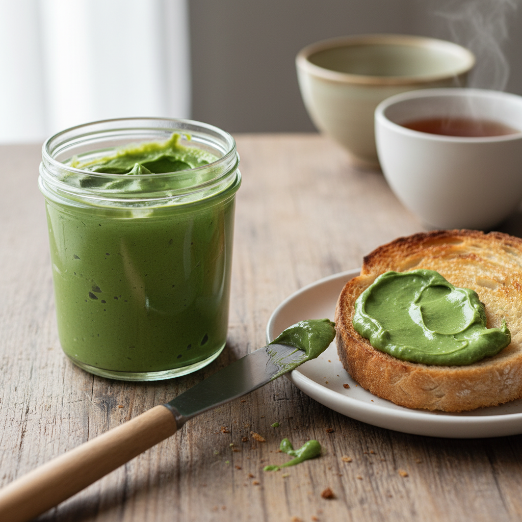 Matcha spread in airtight jar in fridge