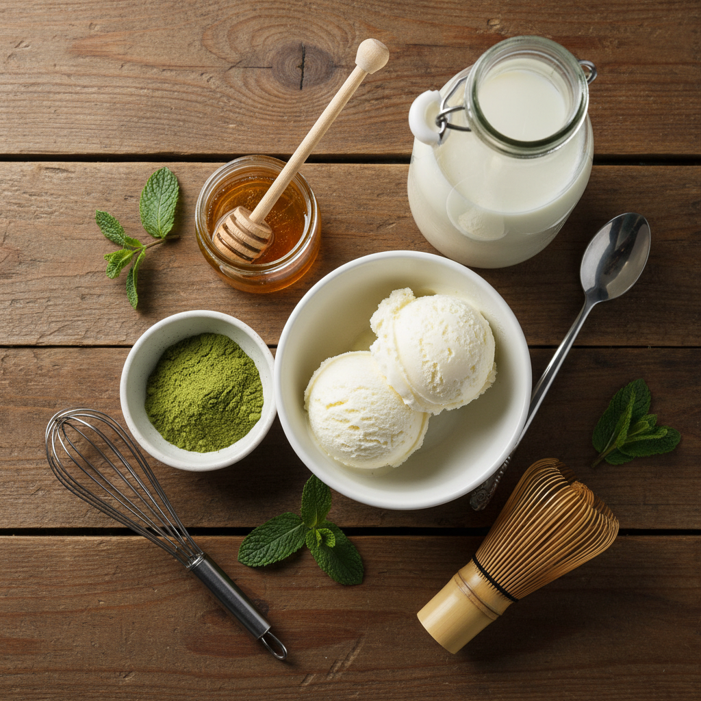 Ingredients arranged for matcha milkshake